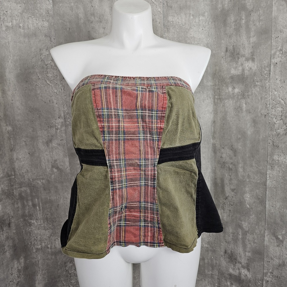 TRIPP NYC Womens 3X Y2K Mall Goth Gothic Punk Plaid Patchwork Strapless Top